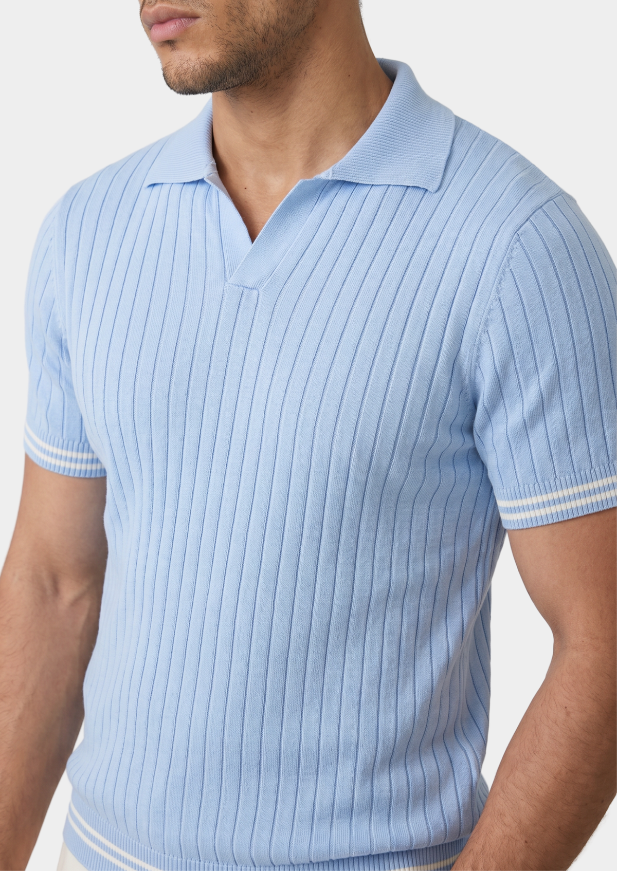 Pierre Light Blue Ribbed Buttonless Polo, view 3