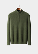 Pull demi-zip côtelé en pur cachemire olive