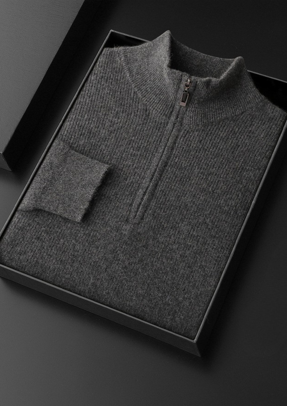 Pure Cashmere Dark Gray Ribbed Half Zip, view 2