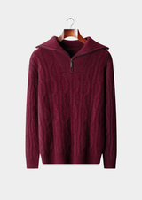 Pull demi-zip torsadé en pur cachemire bordeaux