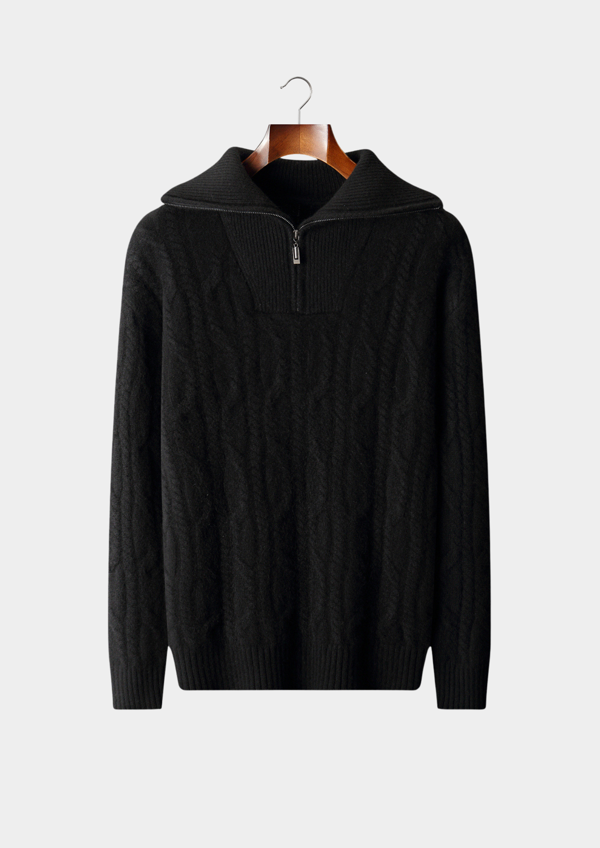 Pure Cashmere Black Cable Half Zip Sweater, view 1