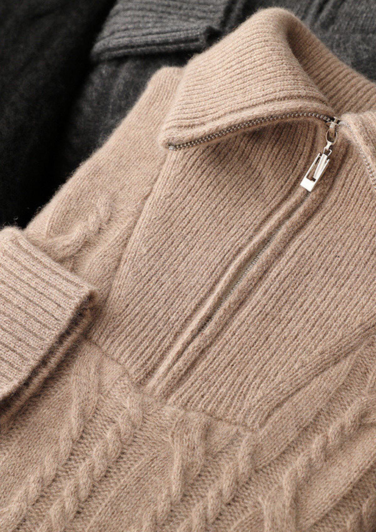 Pure Cashmere Beige Cable Half Zip Sweater, view 6