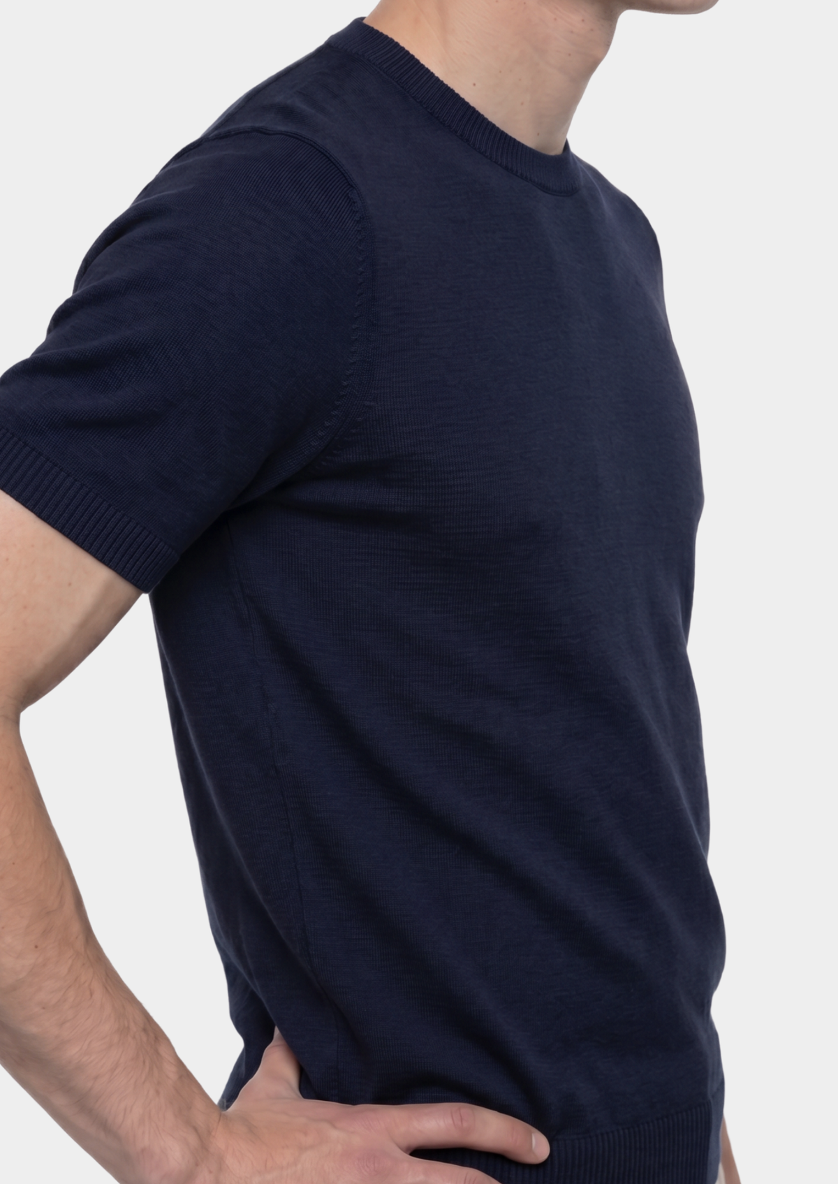 Essential Navy Blue Knitted Crewneck T-Shirt, view 5