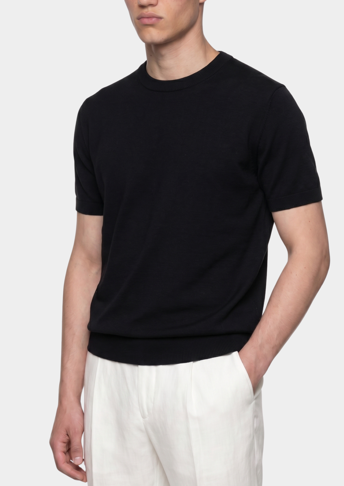Essential Black Knitted Crewneck T-Shirt, view 3