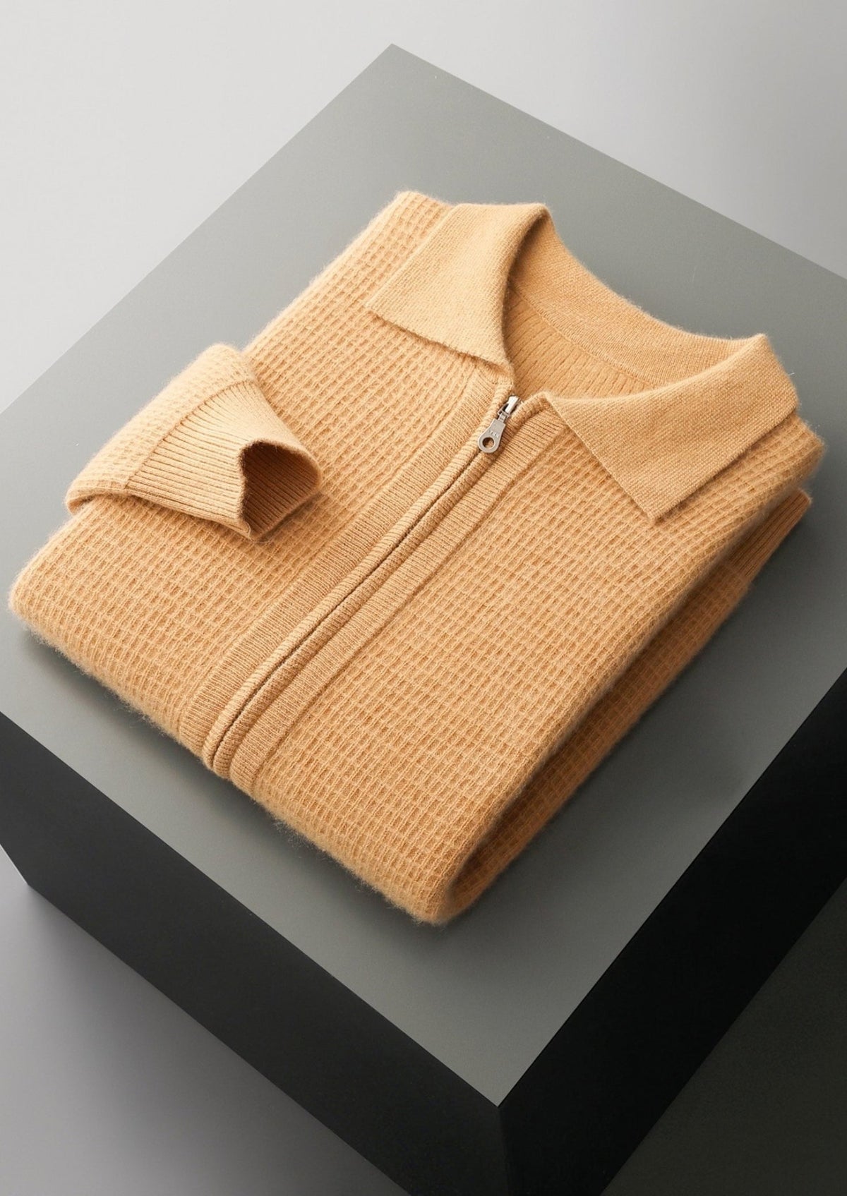 Pure Extra-Fine Merino Wool Textured Zip Polo Cardigan, view 19