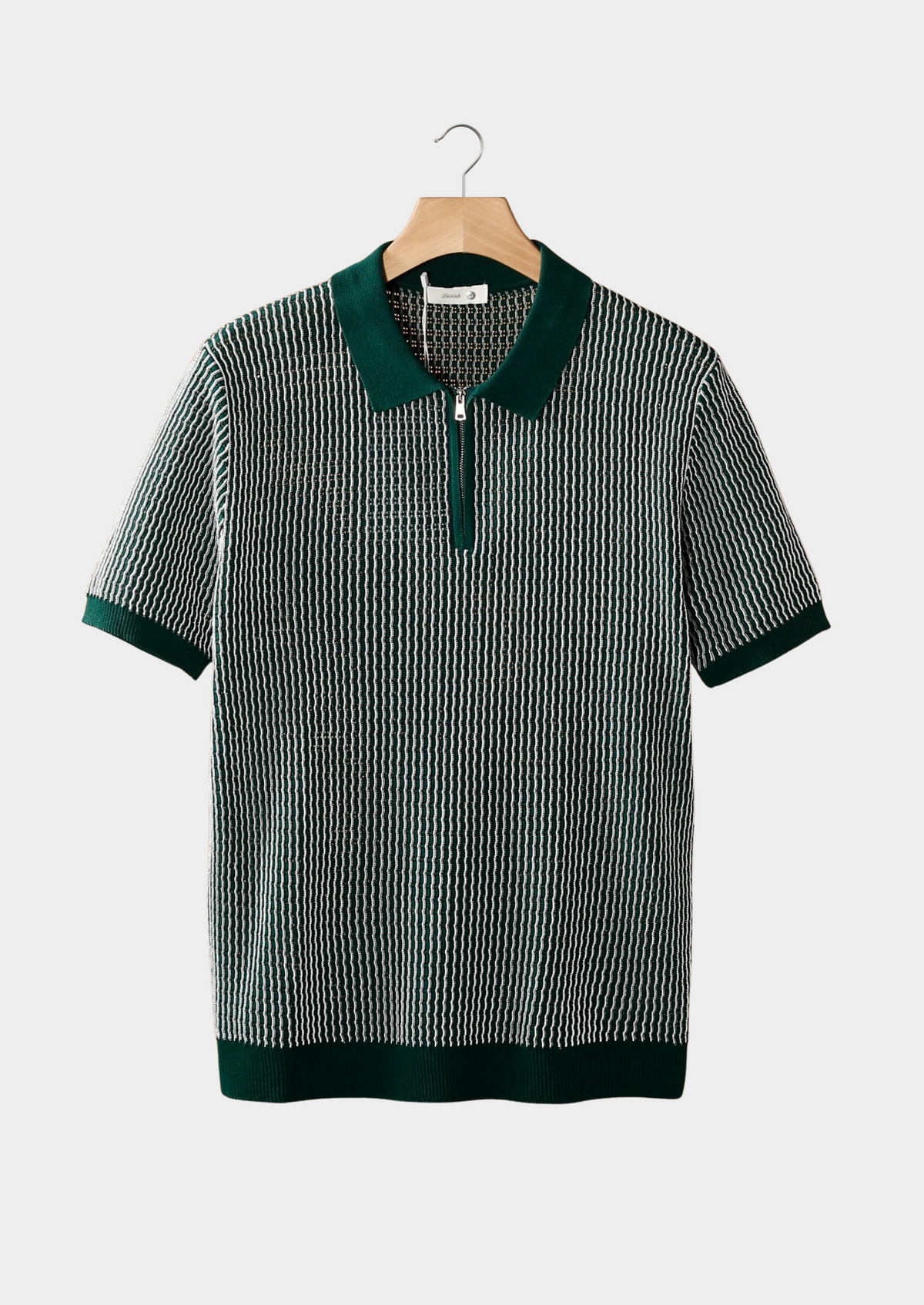 Green Geometric Textured Zipper Polo, view 1