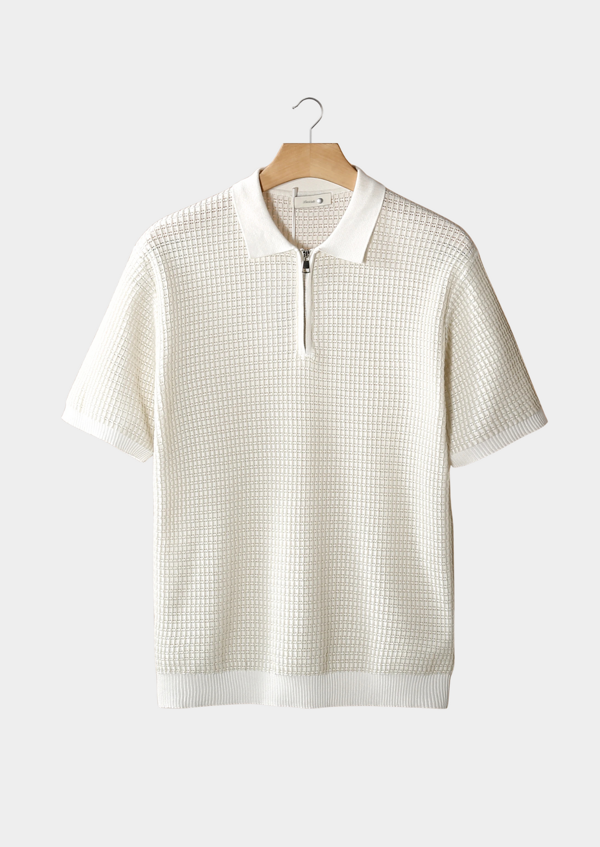 White Geometric Textured Zipper Polo, view 1