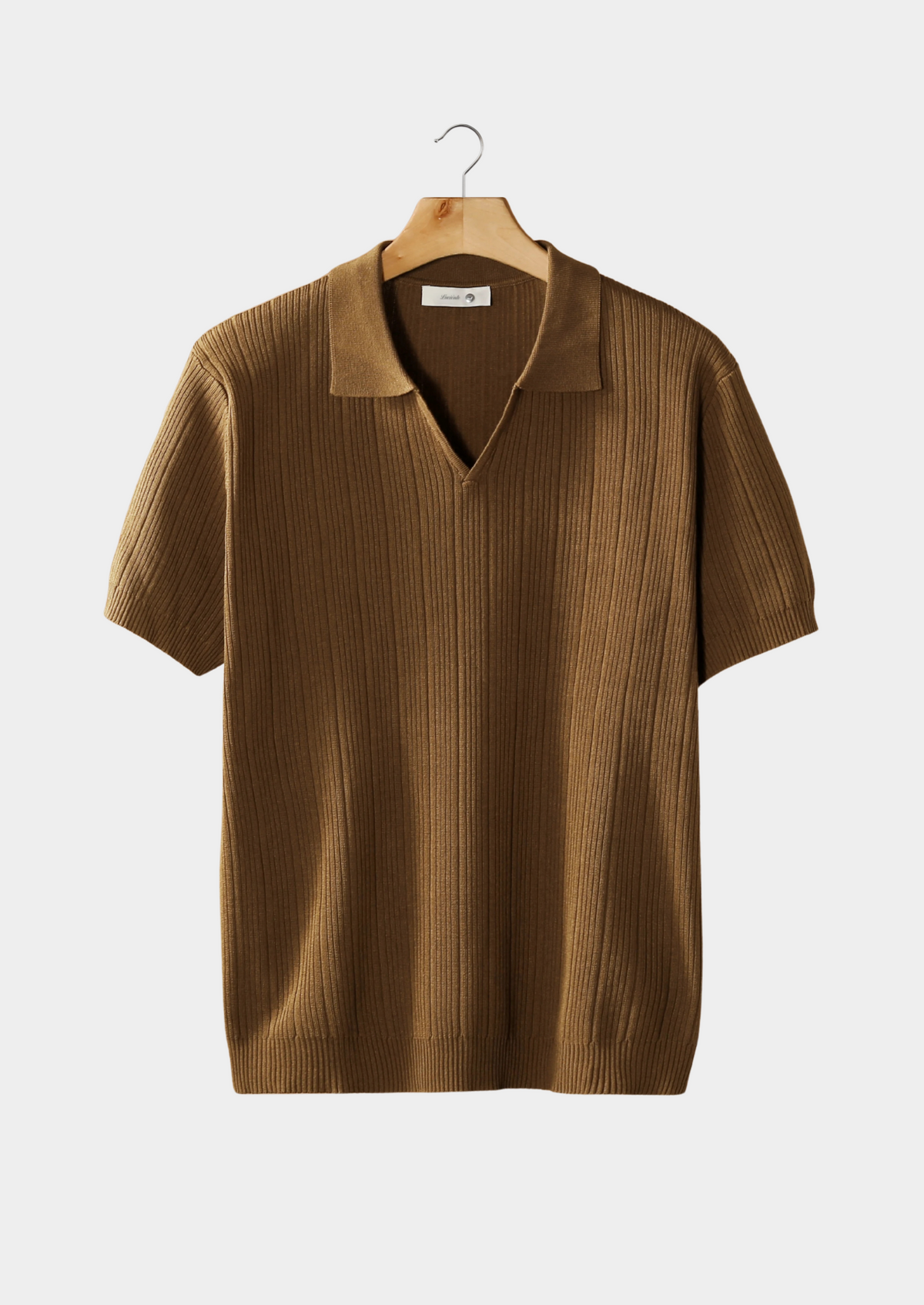 Caramel Open Collar Ribbed Polo, view 1