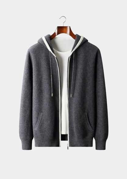 Pure Extra-Fine Merino Wool Contrast Zipper Hoodie, view 4