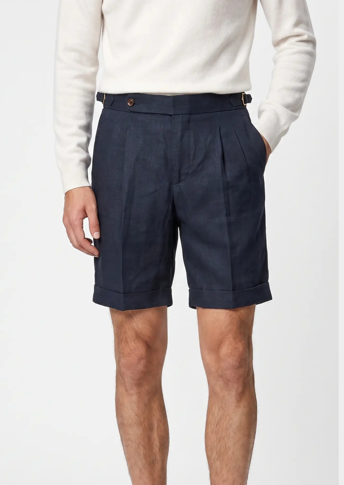 Navy Blue Pleated Linen Positano Shorts, view 1