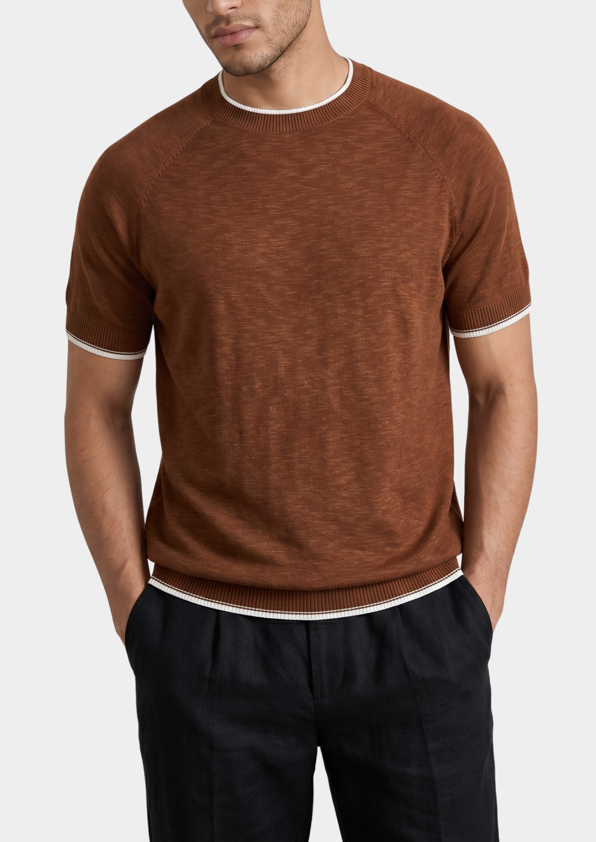 Capri Caramel Linen Contrast T-Shirt, view 1