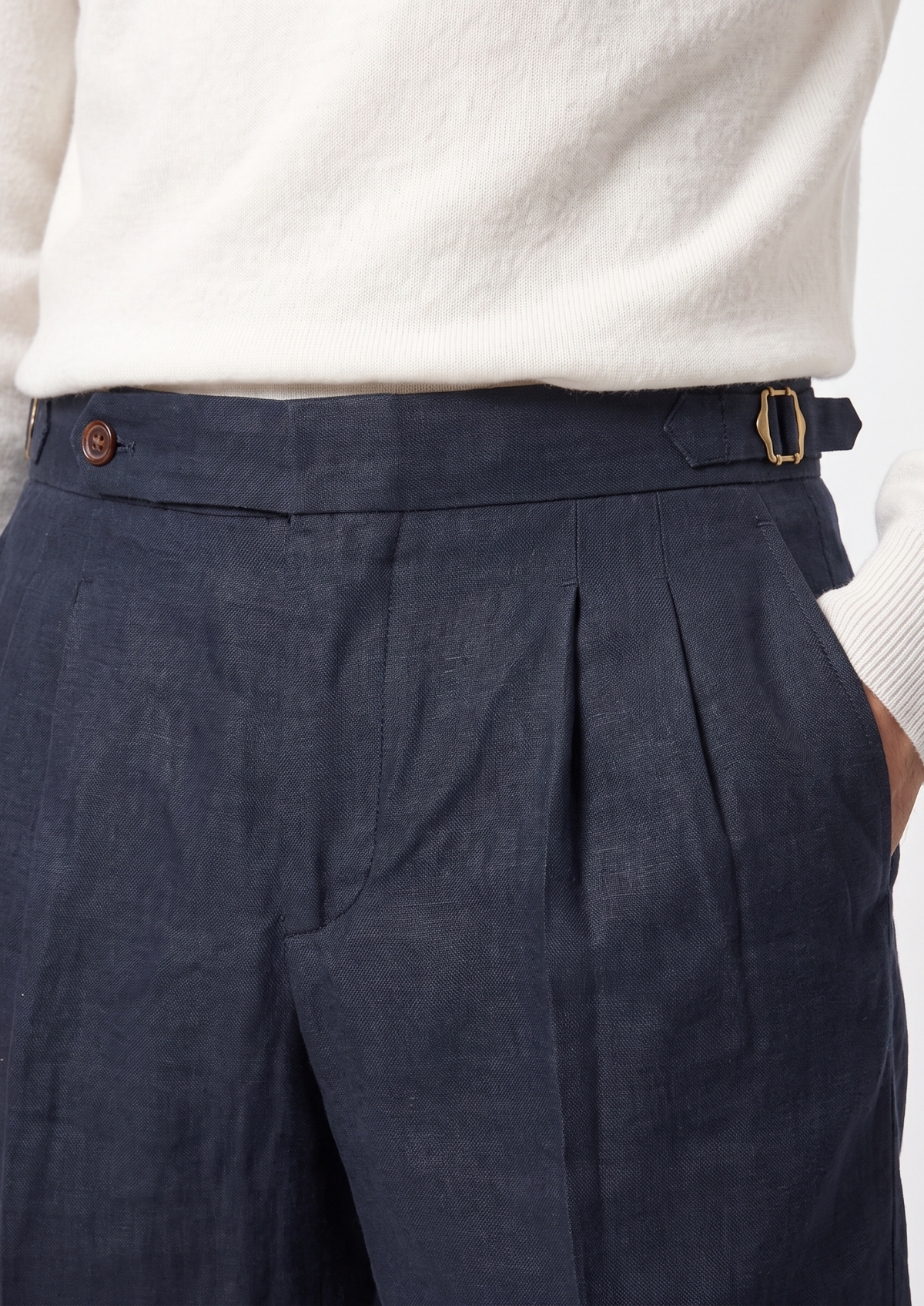 Navy Blue Pleated Linen Positano Shorts, view 2