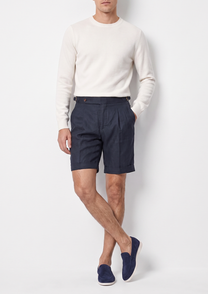 Navy Blue Pleated Linen Positano Shorts, view 4