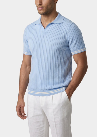 Pierre Light Blue Ribbed Buttonless Polo, view 1