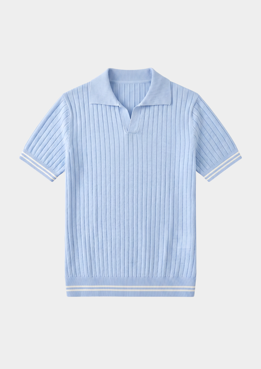 Pierre Light Blue Ribbed Buttonless Polo, view 2