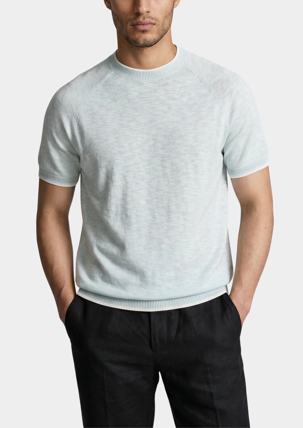 Capri Ice Blue Linen Contrast T-Shirt, view 1