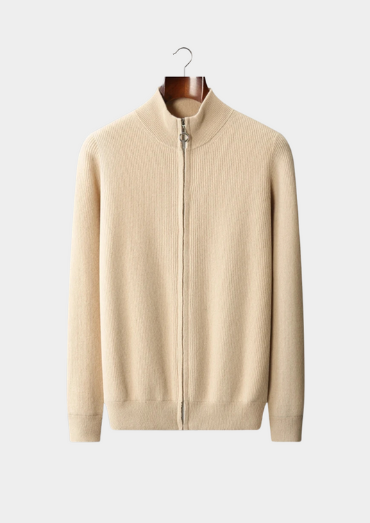 Pure Extra-Fine Merino Wool Ribbed Zip Cardigan, view 1