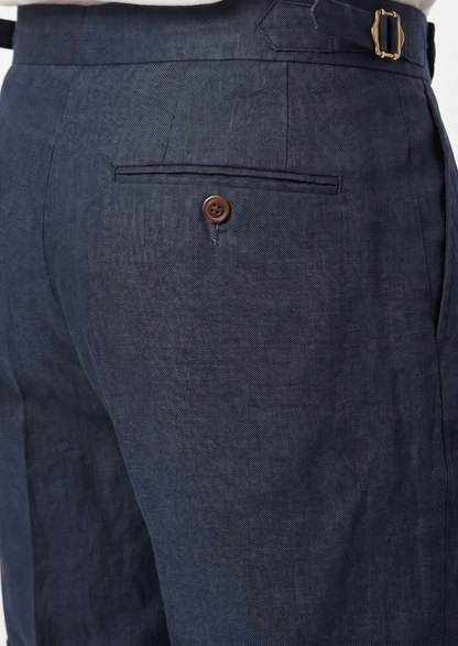 Navy Blue Pleated Linen Positano Shorts, view 5