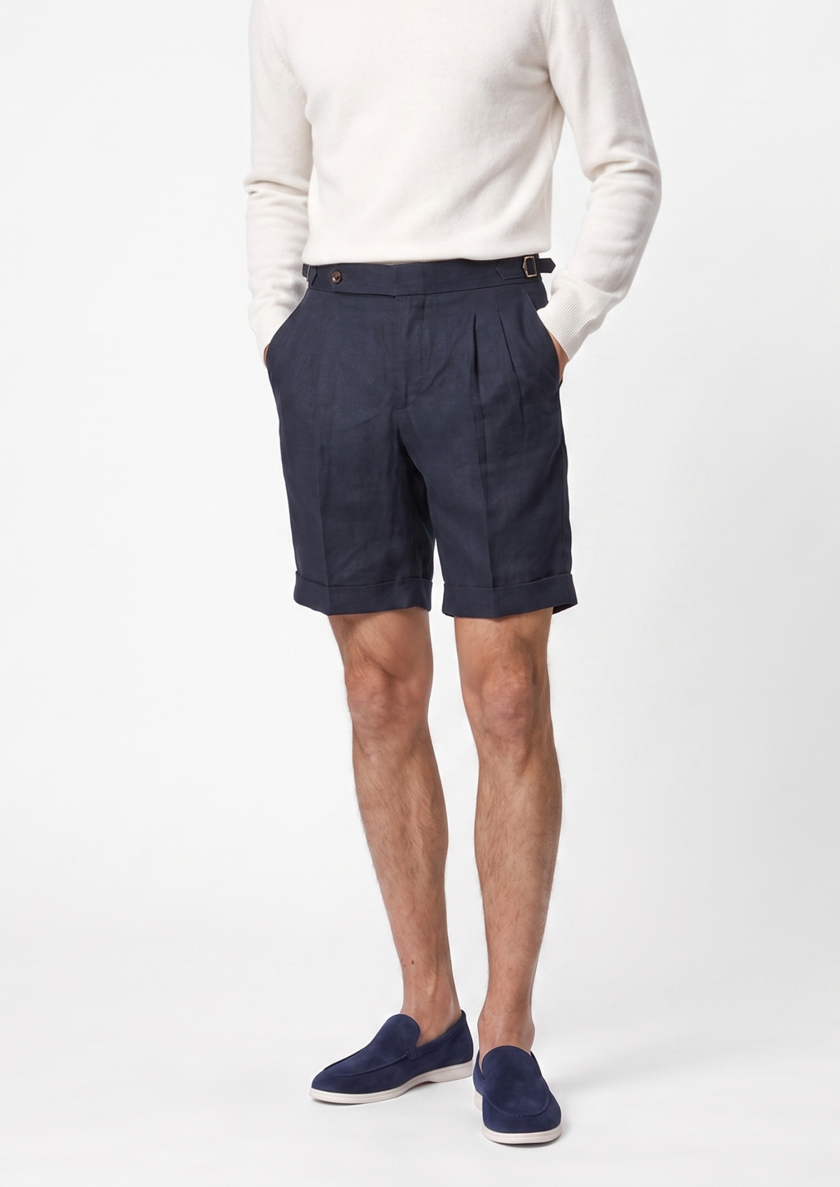 Navy Blue Pleated Linen Positano Shorts, view 6