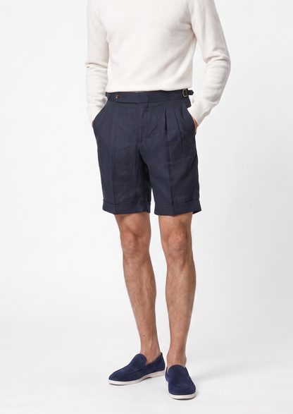 Navy Blue Pleated Linen Positano Shorts, view 6