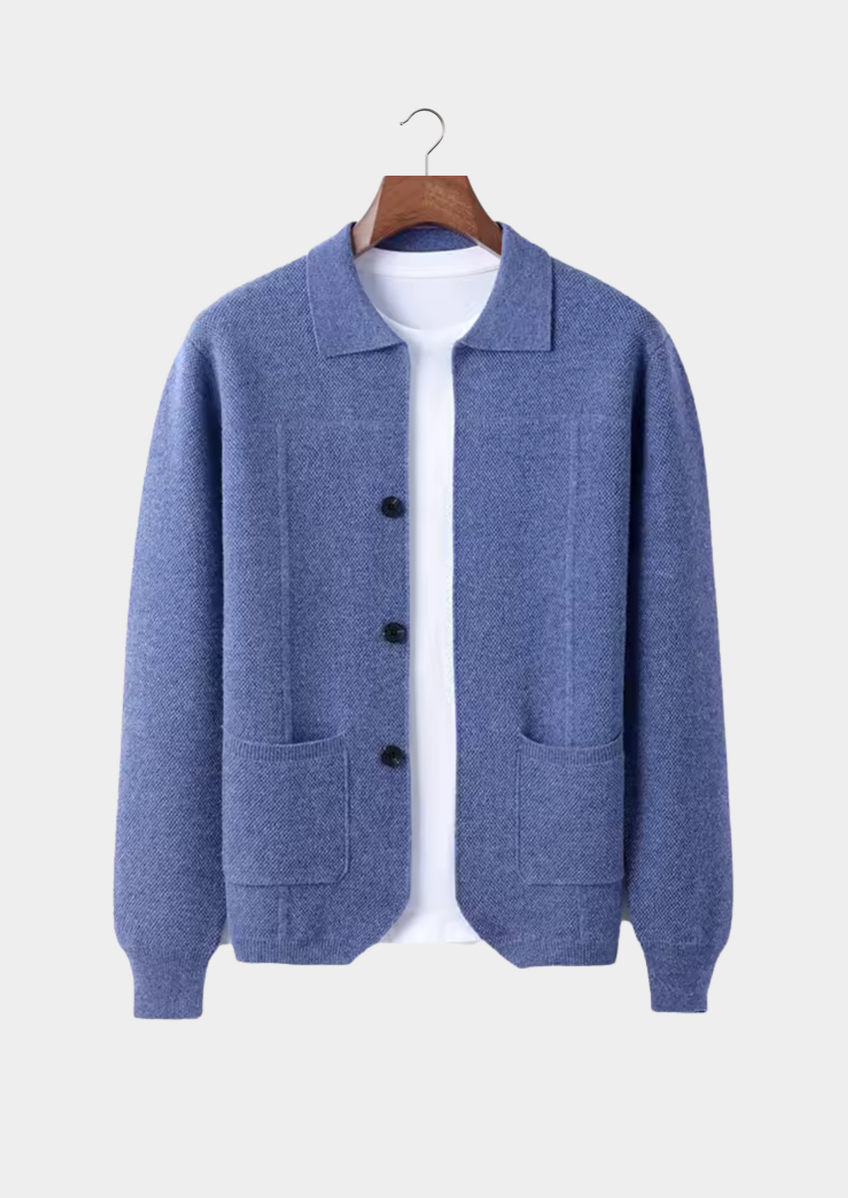 Pure Extra-Fine Merino Wool Sea Blue Button Overshirt, view 1