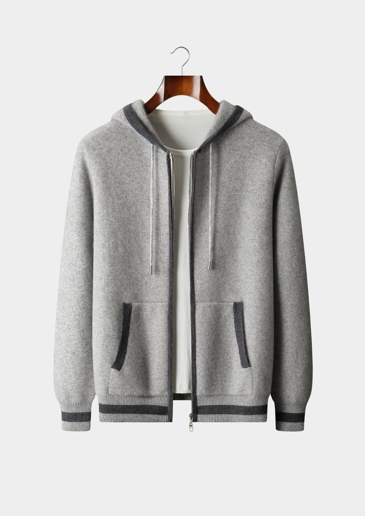 Pure Extra-Fine Merino Wool Two-Tone Zipper Hoodie, view 16