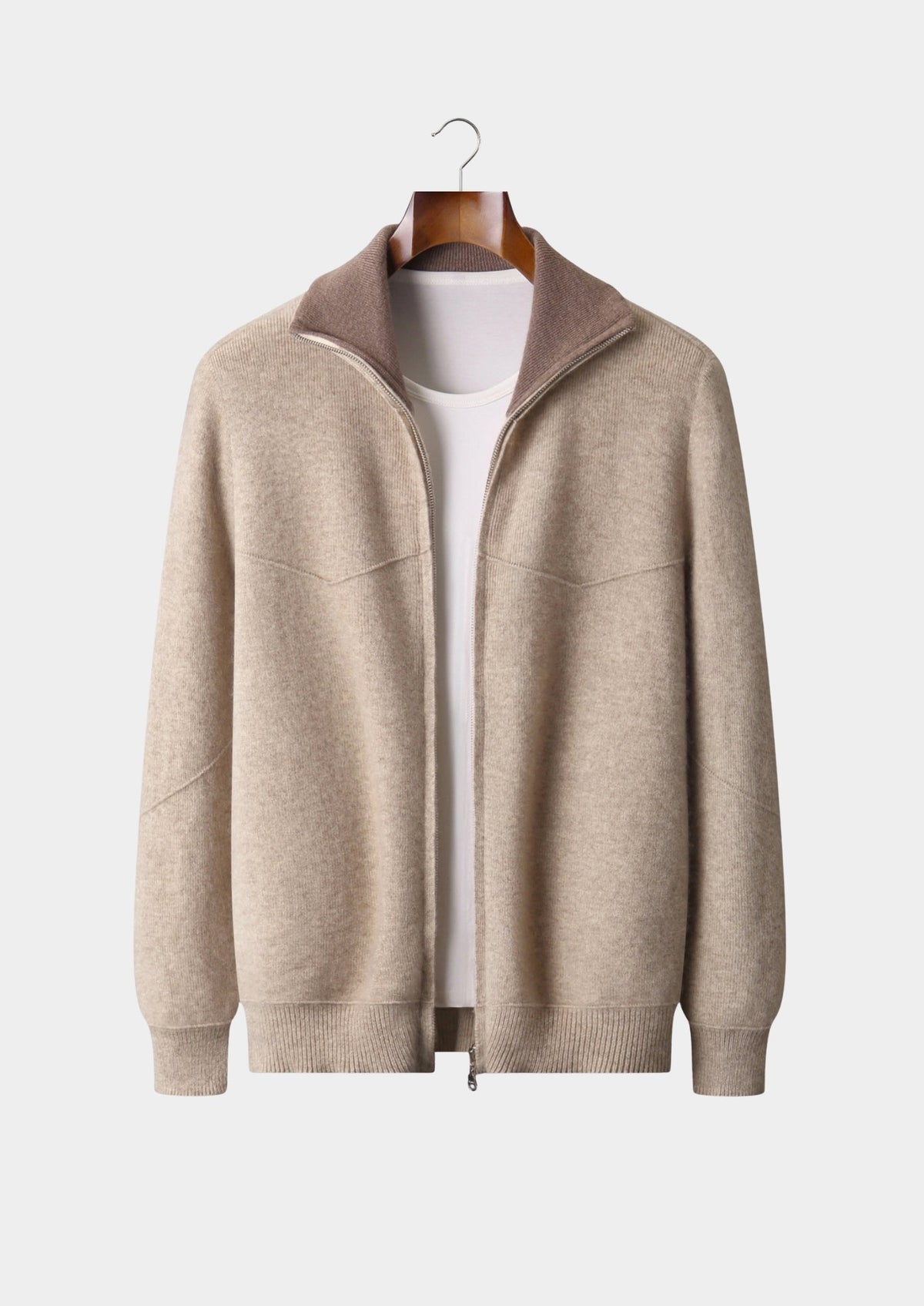 Pure Extra-Fine Merino Wool Two-Tone Funnel Neck Cardigan, view 12