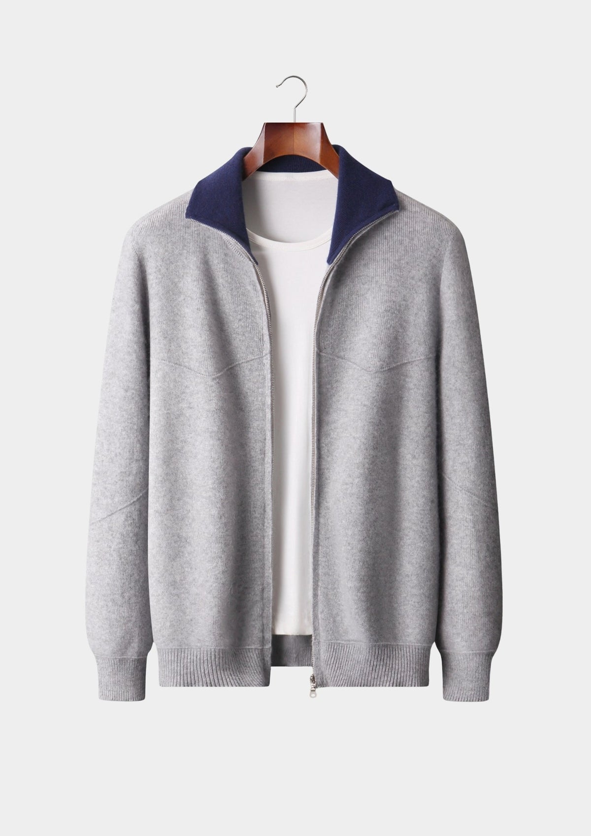 Pure Extra-Fine Merino Wool Two-Tone Funnel Neck Cardigan, view 1