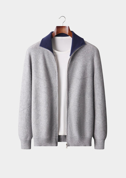 Pure Extra-Fine Merino Wool Two-Tone Funnel Neck Cardigan, view 1