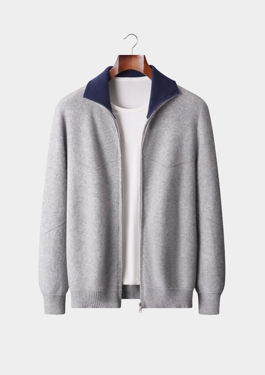 Pure Extra-Fine Merino Wool Two-Tone Funnel Neck Cardigan, view 1