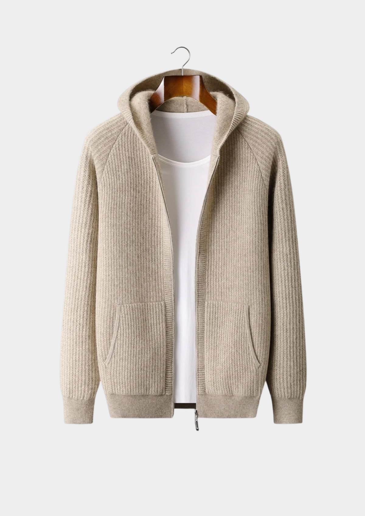Pure Extra-Fine Merino Wool Ribbed Zipper Hoodie, view 1