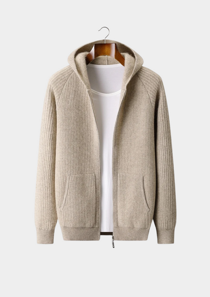 Pure Extra-Fine Merino Wool Ribbed Zipper Hoodie, view 1