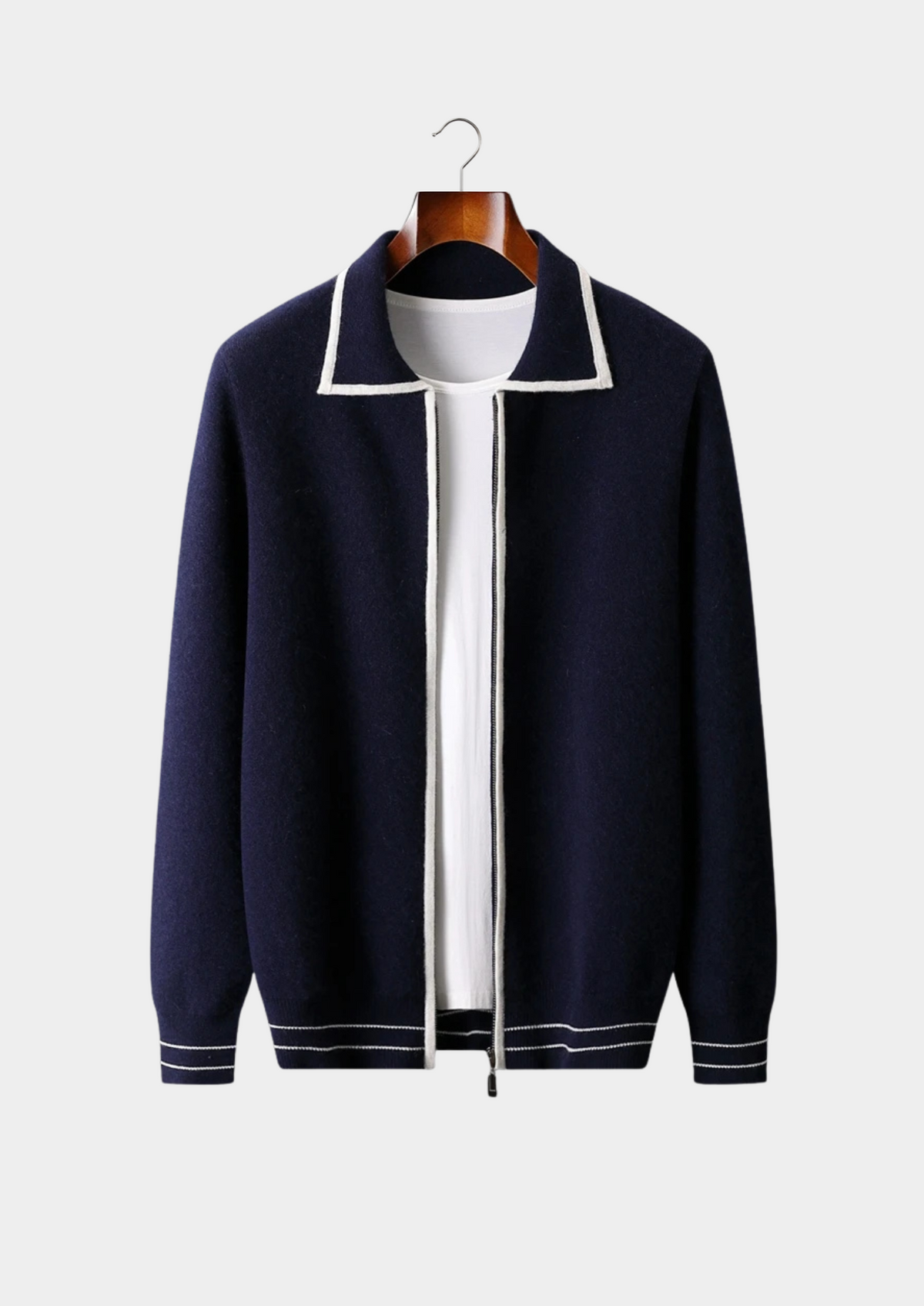 Pure Extra-Fine Merino Wool Two-Tone Polo Cardigan, view 1