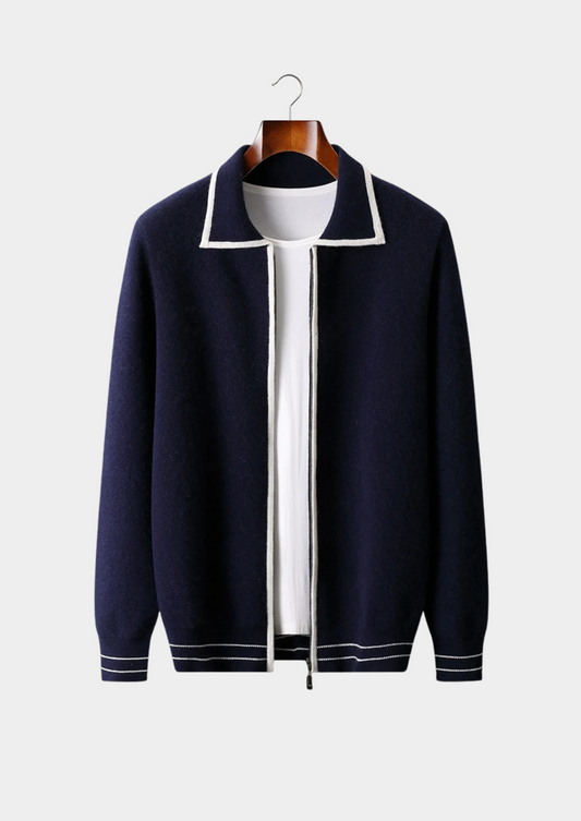 Pure Extra-Fine Merino Wool Two-Tone Polo Cardigan, view 1