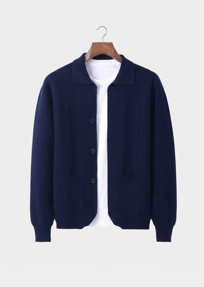 Pure Extra-Fine Merino Wool Navy Blue Button Overshirt, view 1