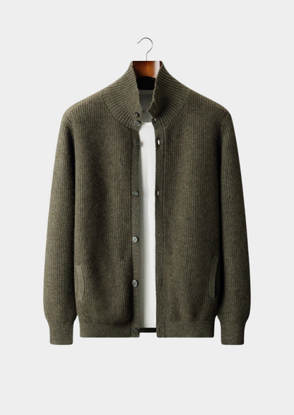 Premium Cashmere Ribbed High Collar Cardigan, view 1