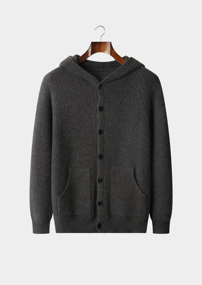 Pure Extra-Fine Merino Wool Ribbed Button Hoodie, view 1