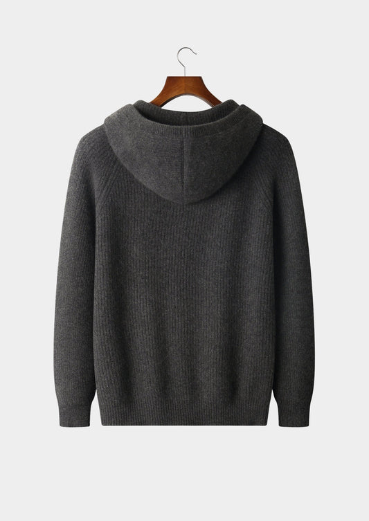 Pure Extra-Fine Merino Wool Ribbed Button Hoodie, view 2