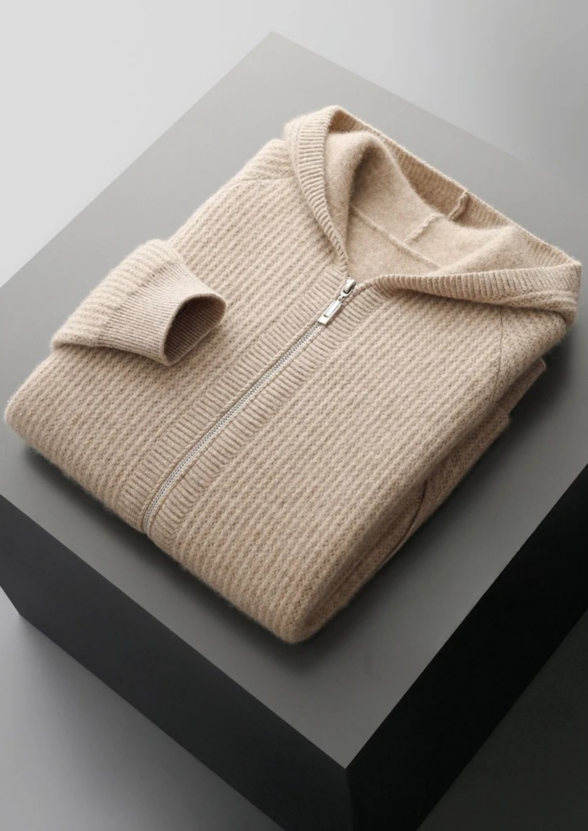 Pure Extra-Fine Merino Wool Ribbed Zipper Hoodie, view 3