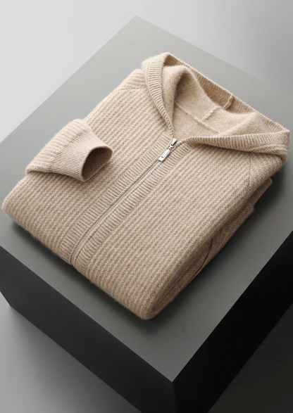 Pure Extra-Fine Merino Wool Ribbed Zipper Hoodie, view 3