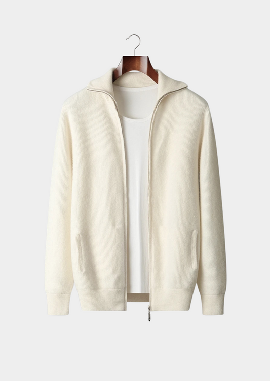 Pure Extra-Fine Merino Wool Ribbed Zipper Cardigan, view 1