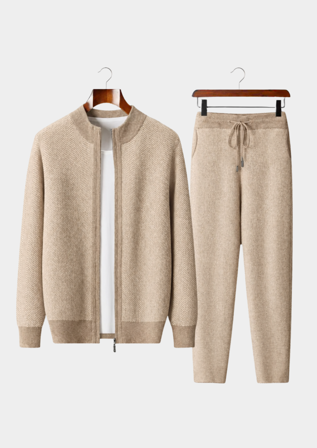 Pure Extra-Fine Merino Wool Sand Herringbone Set, view 1