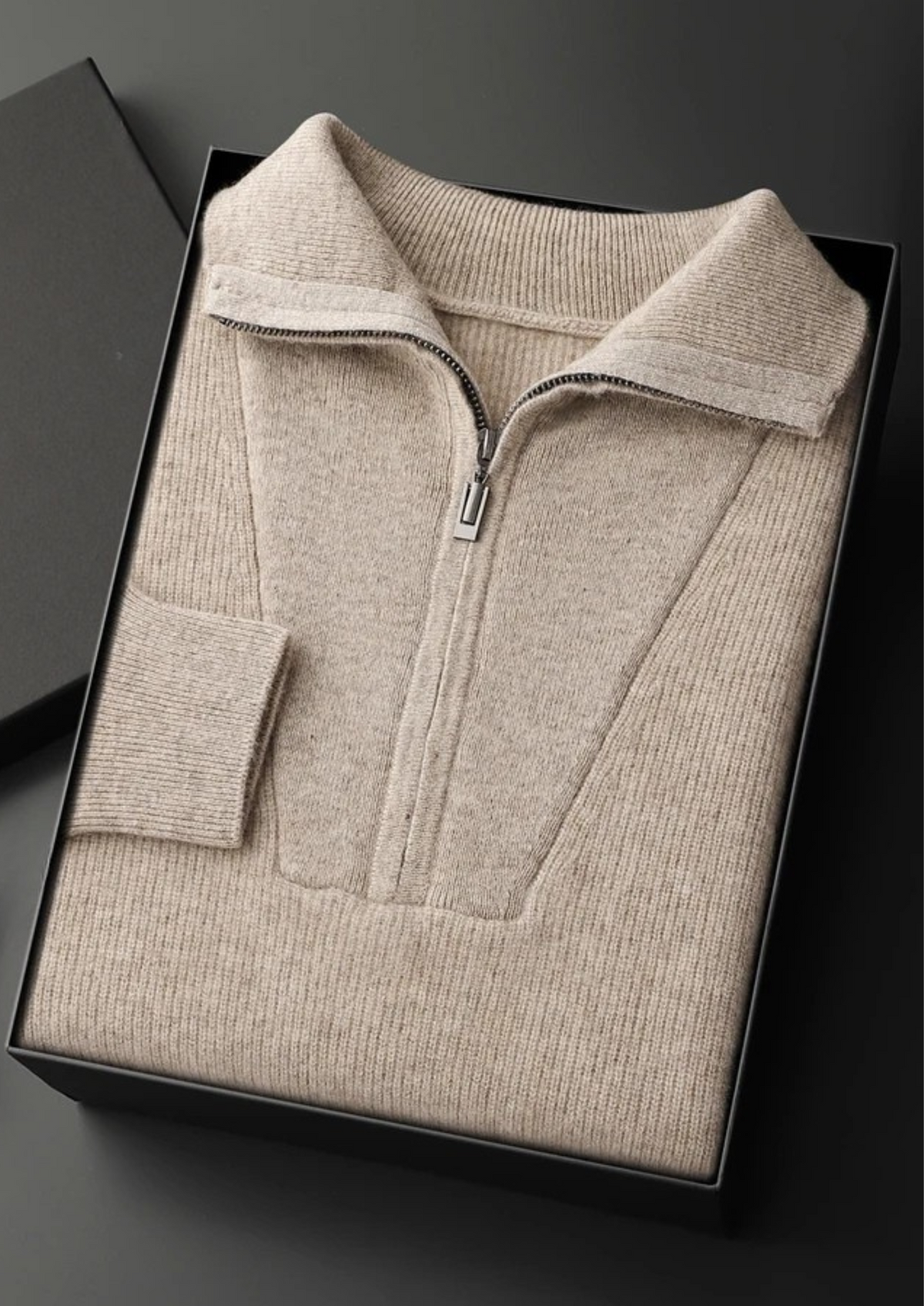 Premium Cashmere Ribbed Half-Zip Sweater, view 3