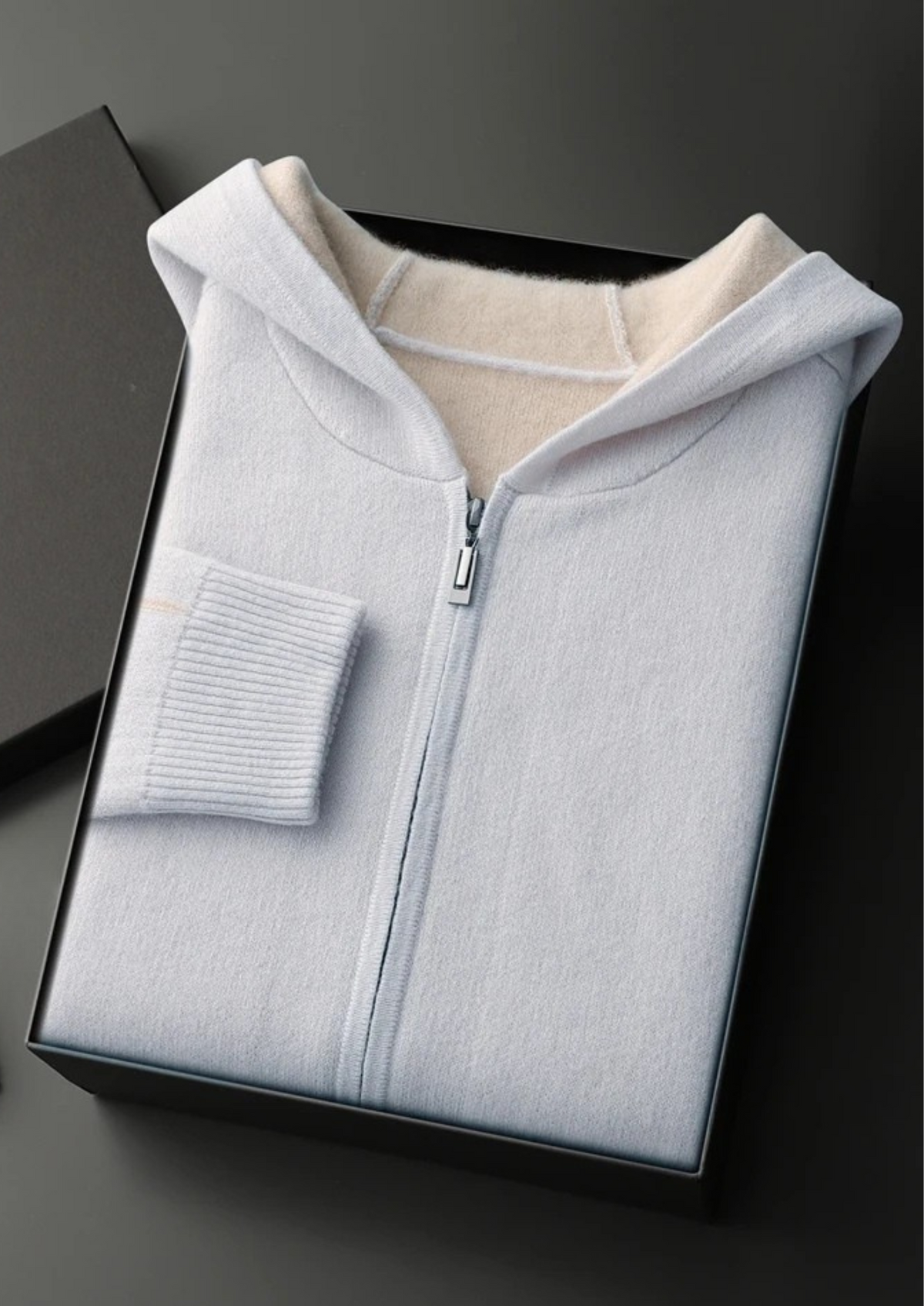 Premium Cashmere Two-Tone Zipper Hoodie, view 3