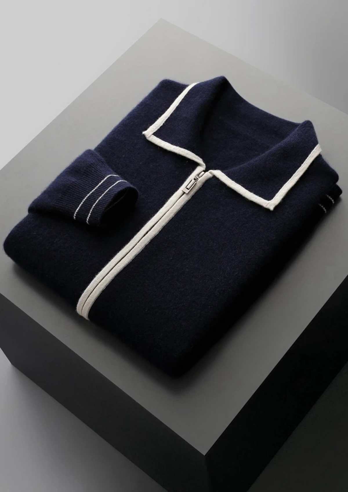 Pure Extra-Fine Merino Wool Two-Tone Polo Cardigan, view 3