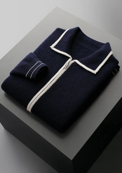 Pure Extra-Fine Merino Wool Two-Tone Polo Cardigan, view 3