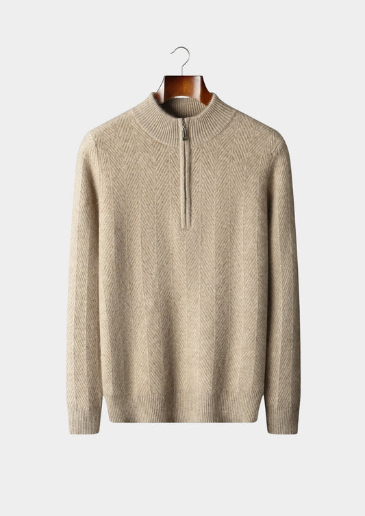 Pure Extra-Fine Merino Wool Herringbone Quarter Zip Sweater, view 1