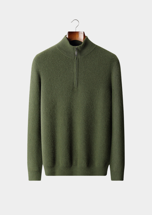 Pure Cashmere Olive Ribbed Half Zip, view 1