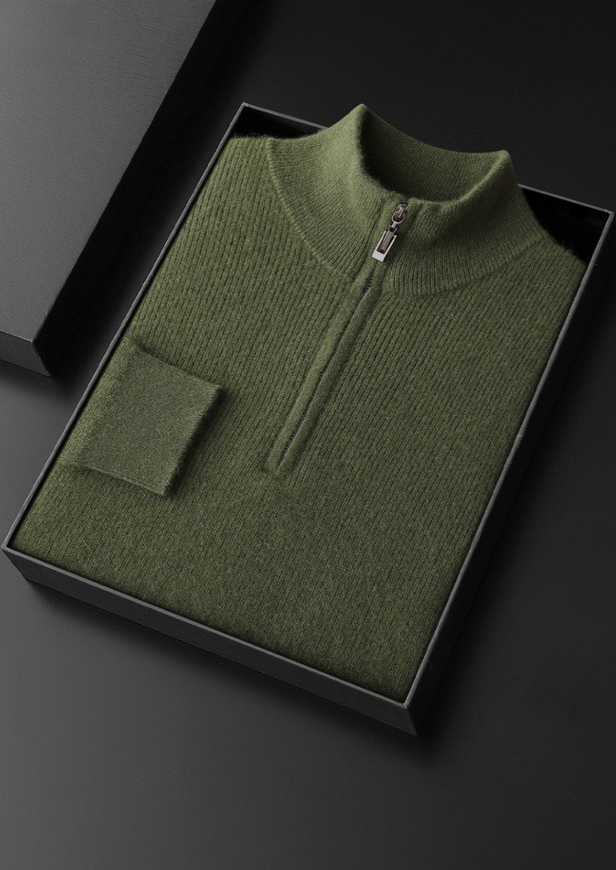 Pure Cashmere Olive Ribbed Half Zip, view 3