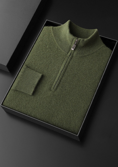 Pure Cashmere Olive Ribbed Half Zip, view 3